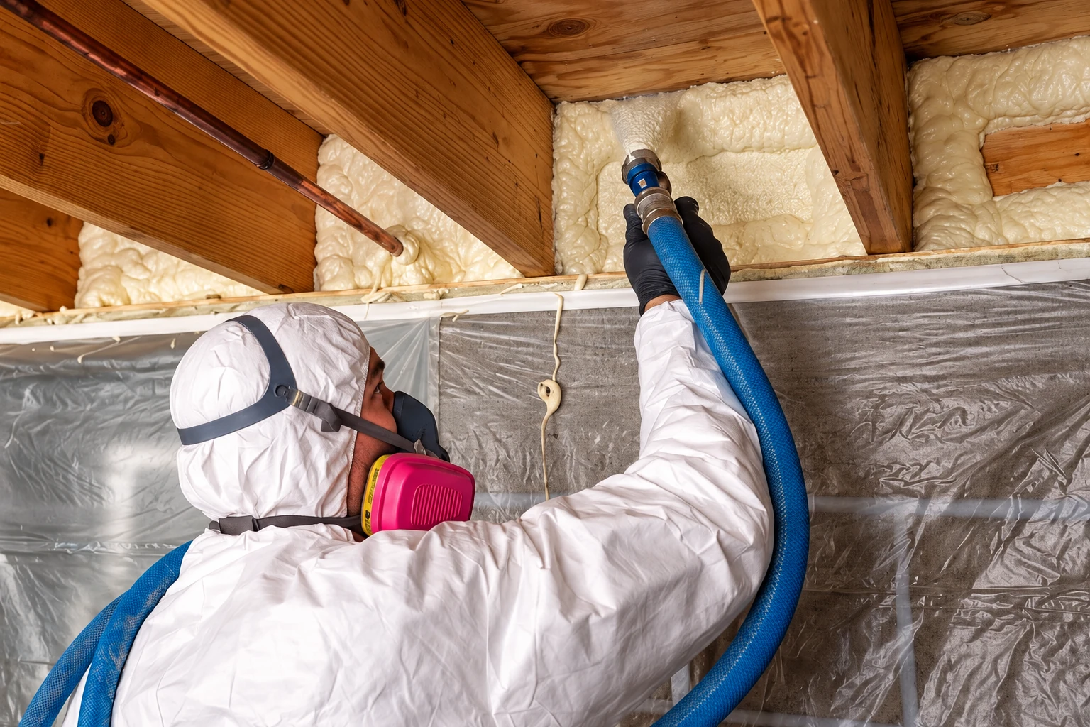 Insulation worker in protective clothing applies spray foam around exposed framing with a blue hose in a plastic-lined crawl space.