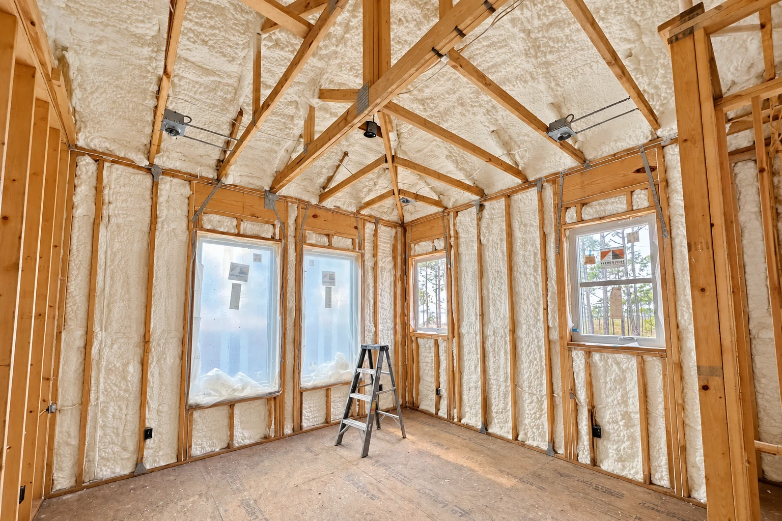Spray foam insulation fills the roof and wall cavities of a framed room with windows and a step ladder.