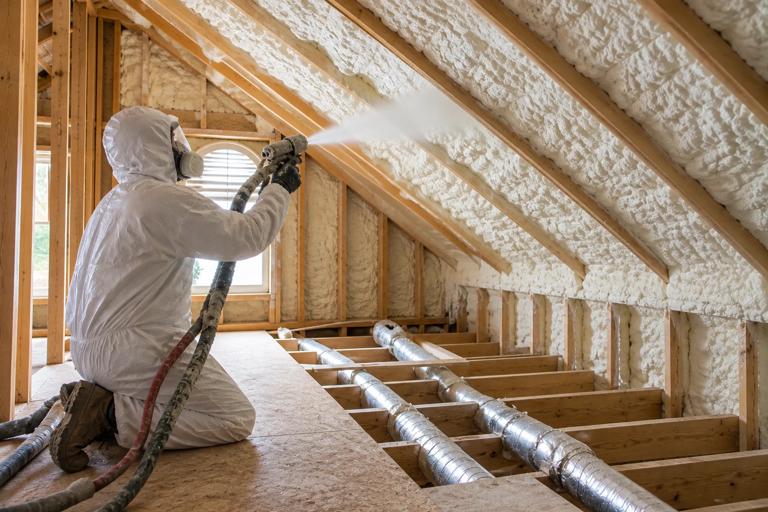 A worker in protective coveralls sprays foam insulation onto sloped attic rafters beside exposed floor joists and ducts.