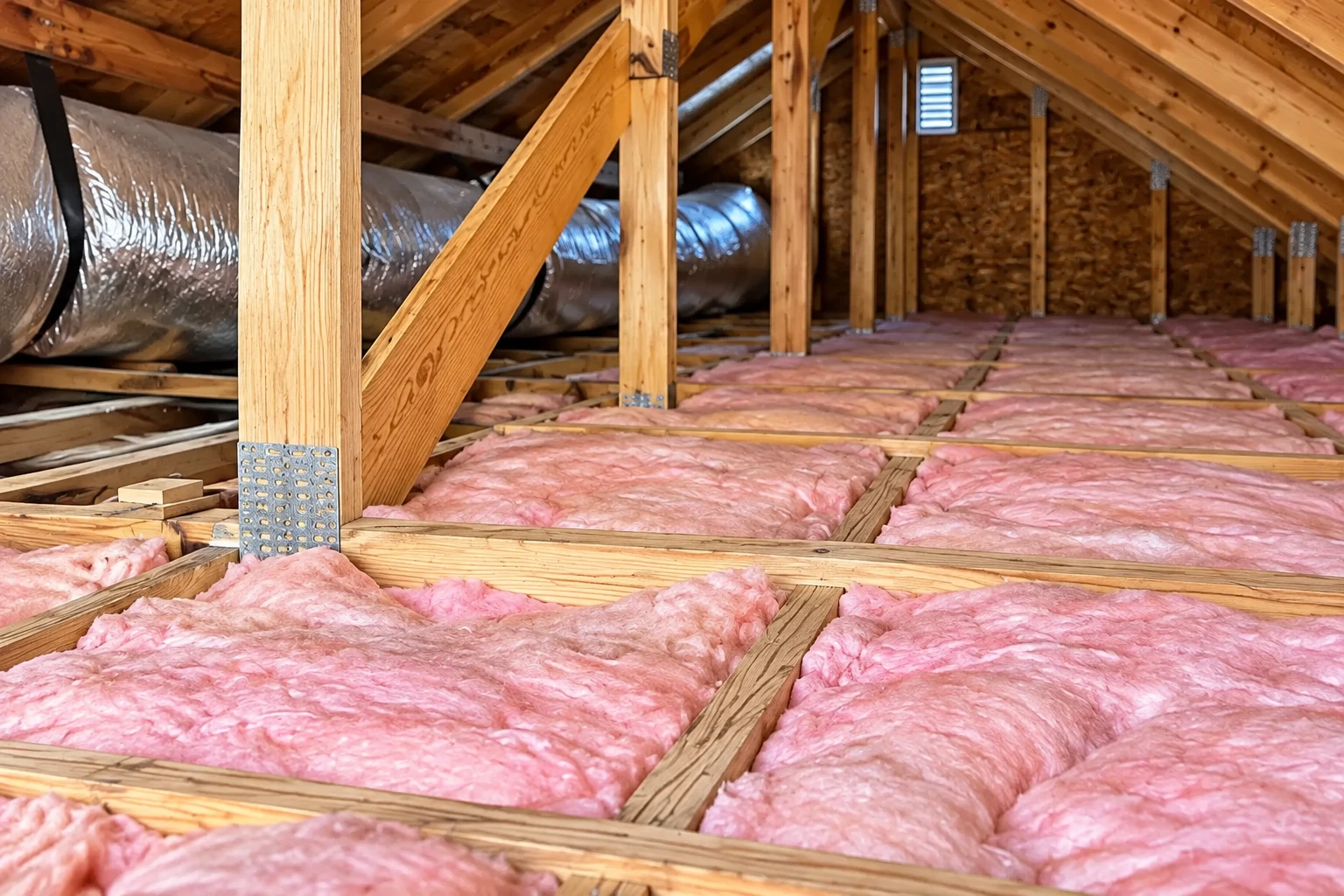 Pink batt insulation lies between attic floor joists beneath exposed wooden roof framing and a metal air duct.