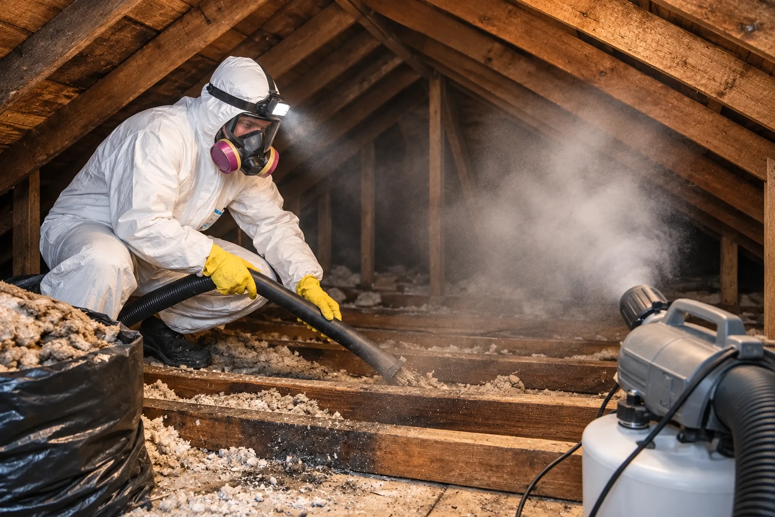 A worker in protective gear uses a hose to remove loose attic insulation as a machine blows dust nearby.