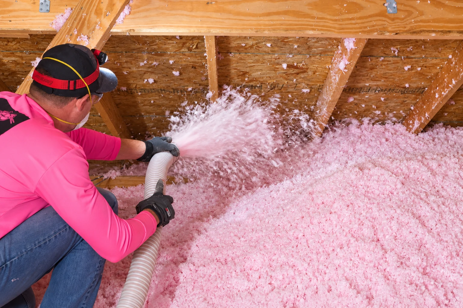 A worker sprays pink blown-in insulation between attic rafters, building up a thick layer across the floor.