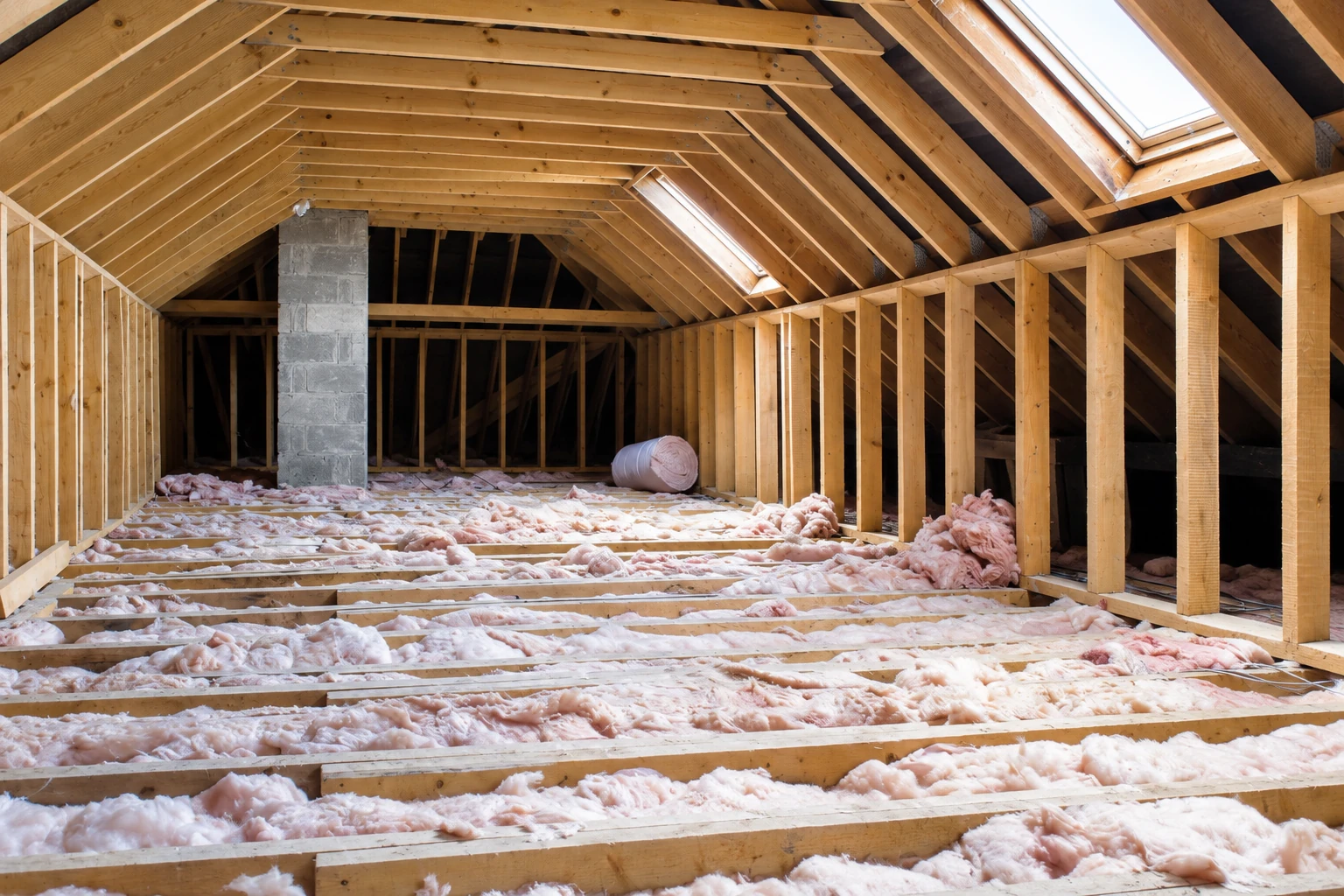 Attic with pink fiberglass insulation spread between exposed floor joists beneath a wide wooden roof frame.