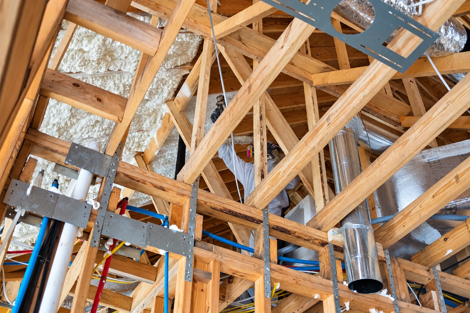 Spray foam insulation fills sections of an exposed wooden roof frame above a worker and visible pipes and ductwork.