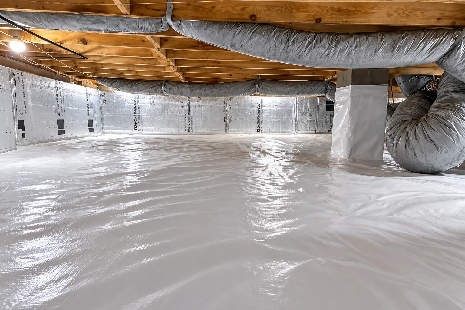 Crawl space with a white plastic vapor barrier covering the floor, reflective wall insulation, and large gray ventilation ducts overhead.