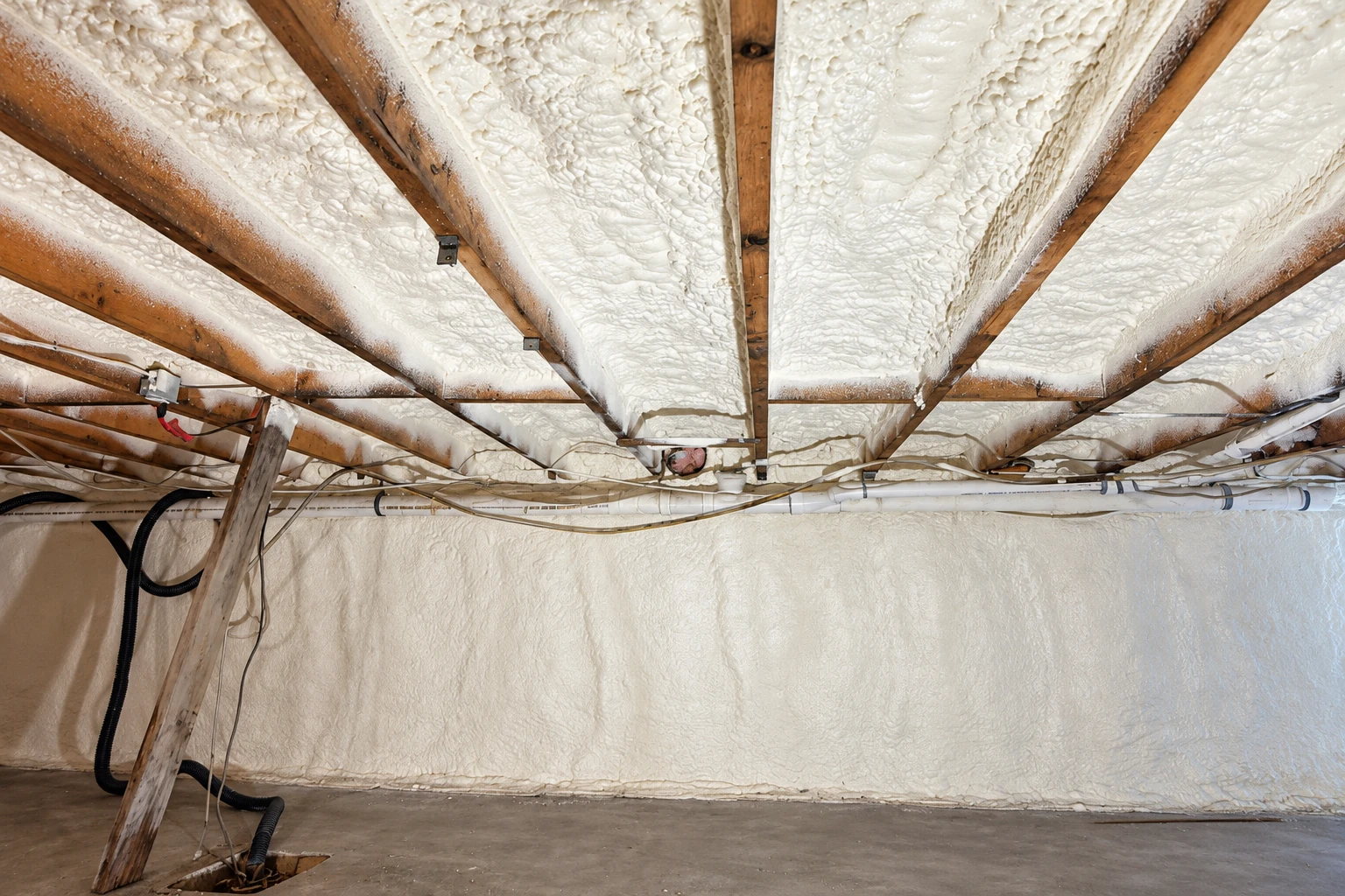 White spray foam covers the ceiling joists and walls of a crawl space, with pipes and wiring running across the beams.