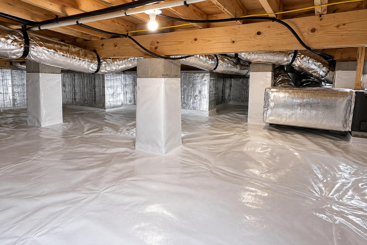 A crawl space has a shiny white vapor barrier covering the floor and wrapped around support piers beneath ductwork.