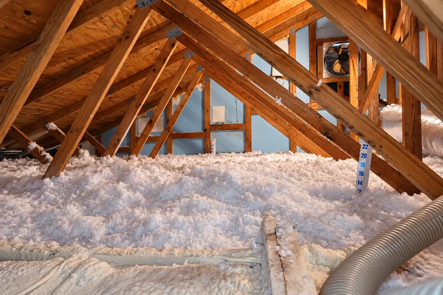 Attic floor covered with loose white blown-in insulation beneath exposed wooden roof trusses, with a depth ruler and ventilation fan.