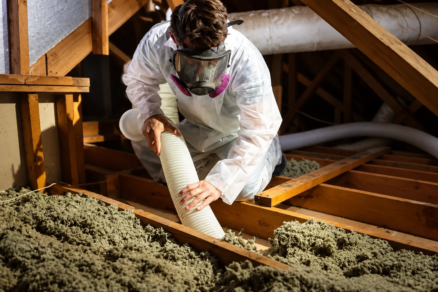 A worker in protective gear vacuums loose attic insulation through a wide hose between exposed wooden joists.