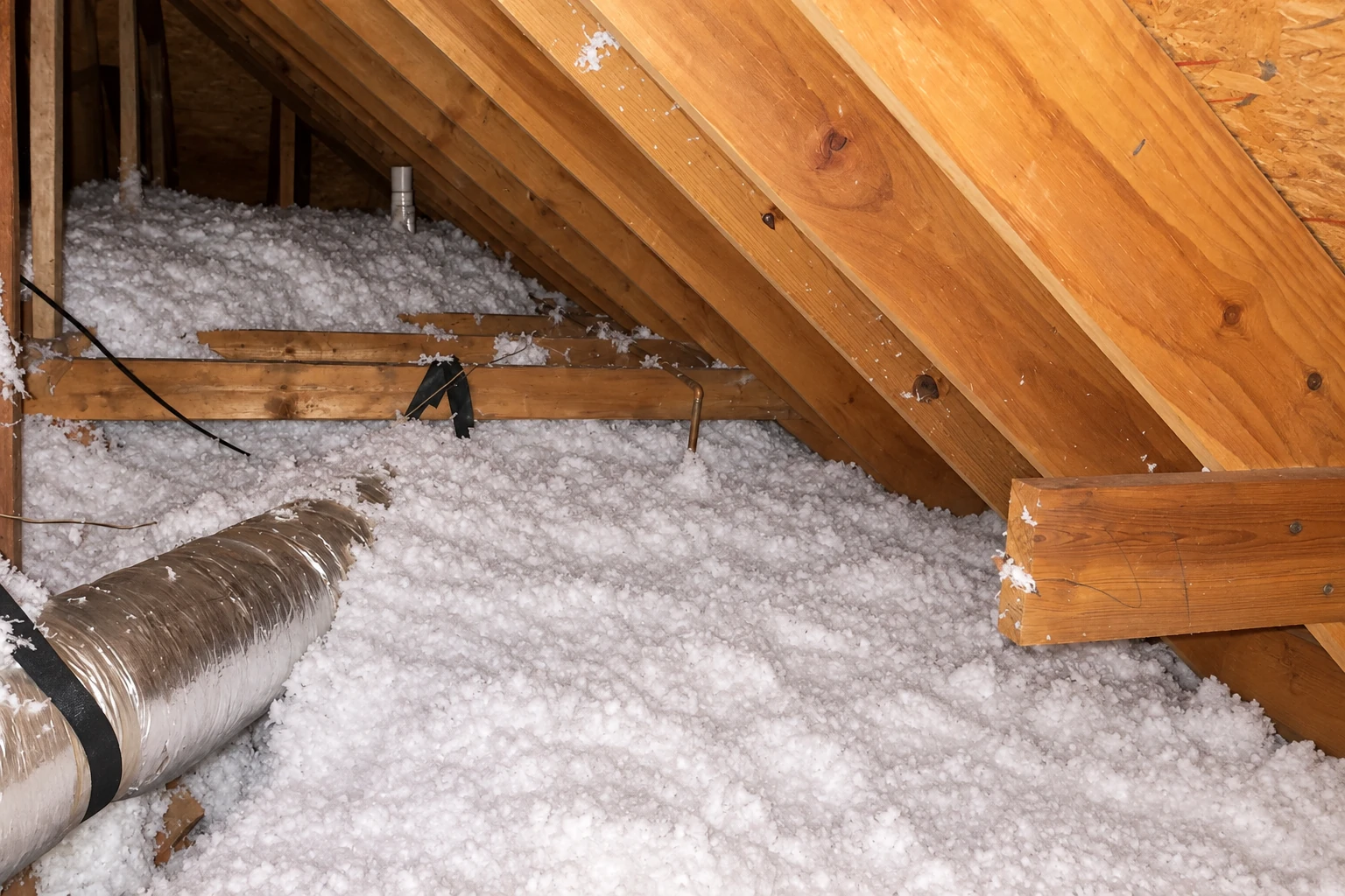 Attic floor covered with white loose-fill insulation beneath exposed wooden roof rafters, with a flexible duct in the foreground.