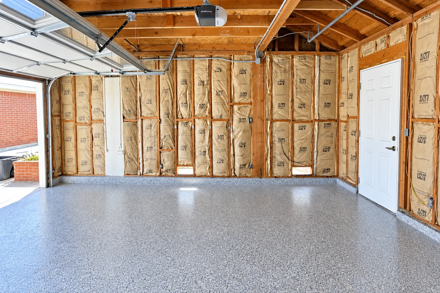 Garage wall cavities filled with kraft-faced fiberglass batts beside a white door and open garage door.