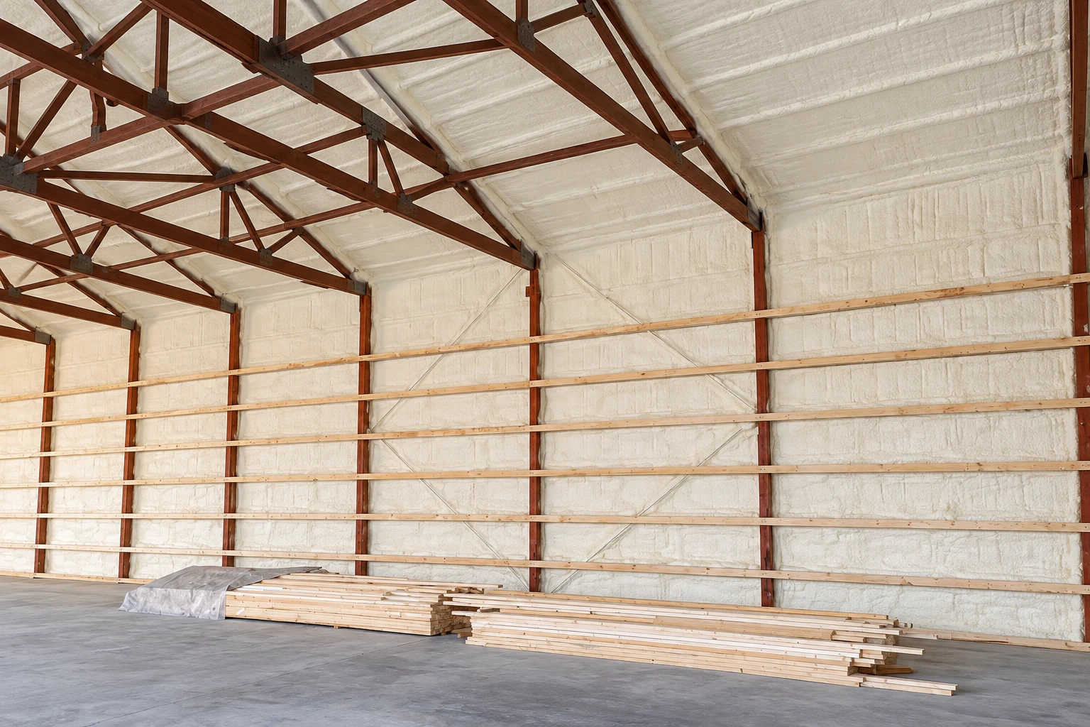 White spray foam covers the walls and roof of a large timber-framed commercial building, with lumber stacked on the concrete floor.