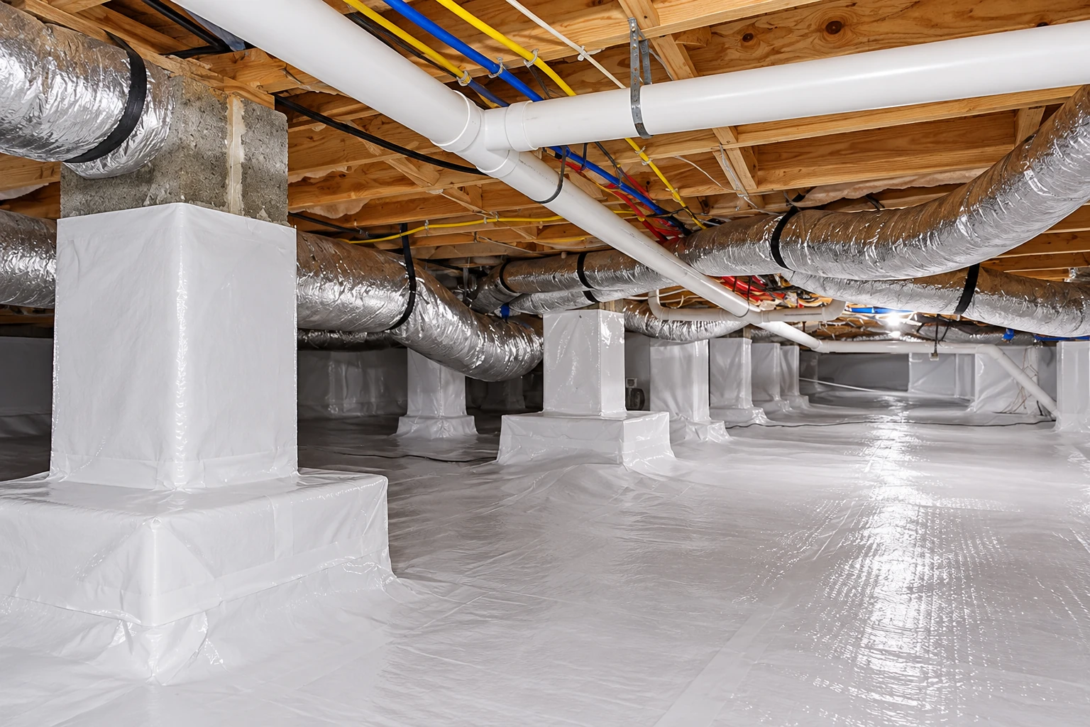 White vapor barrier covers the floor and support piers in a crawl space filled with overhead ducts and pipes.