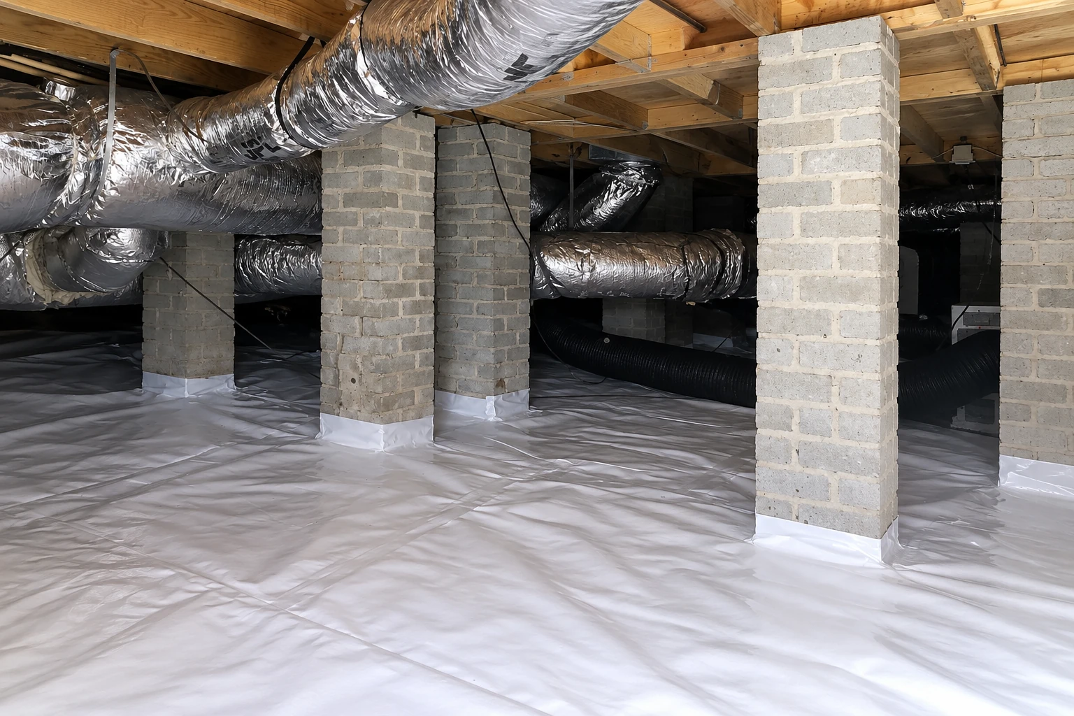 Crawl space with white vapor barrier covering the floor around masonry piers, beneath silver HVAC ducts.