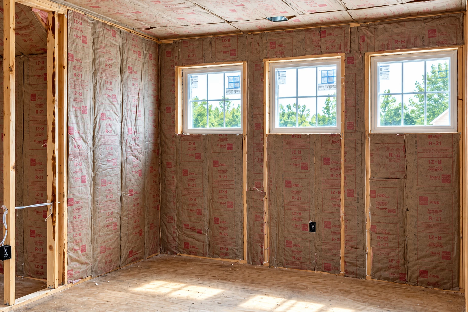 Unfinished room with fiberglass batts fitted between wooden wall studs and across the ceiling, with three windows along the back wall.